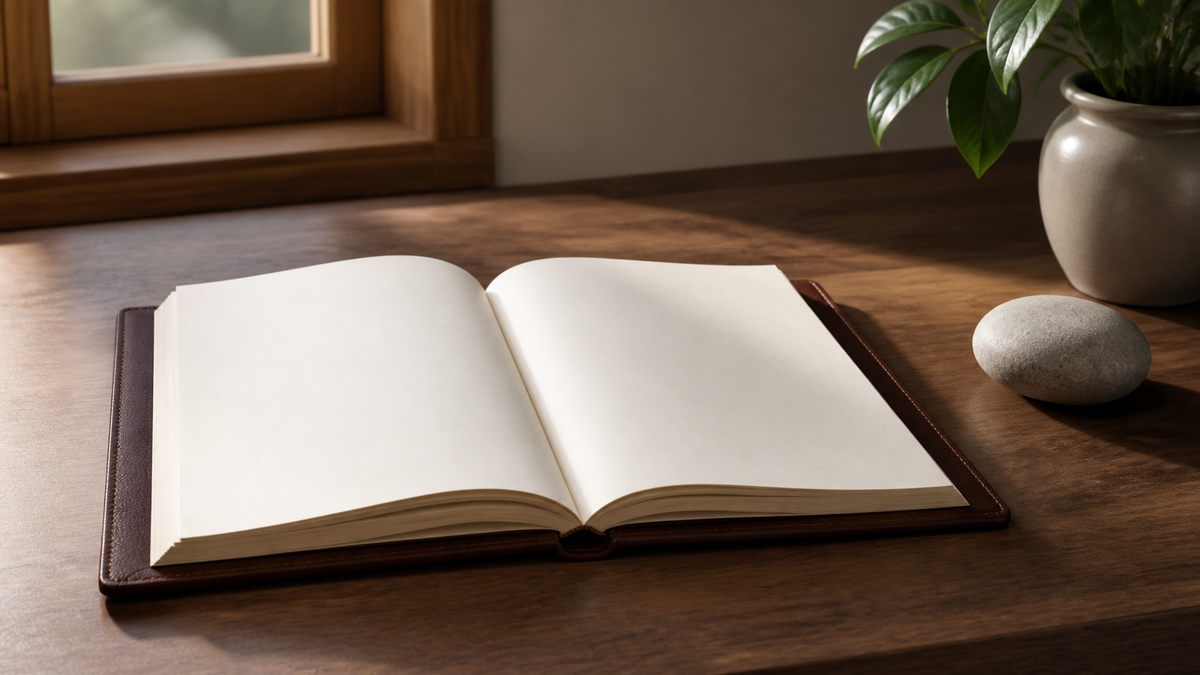 A leather-bound notebook open to a completely blank and unmarked page resting on a minimalist wooden desk