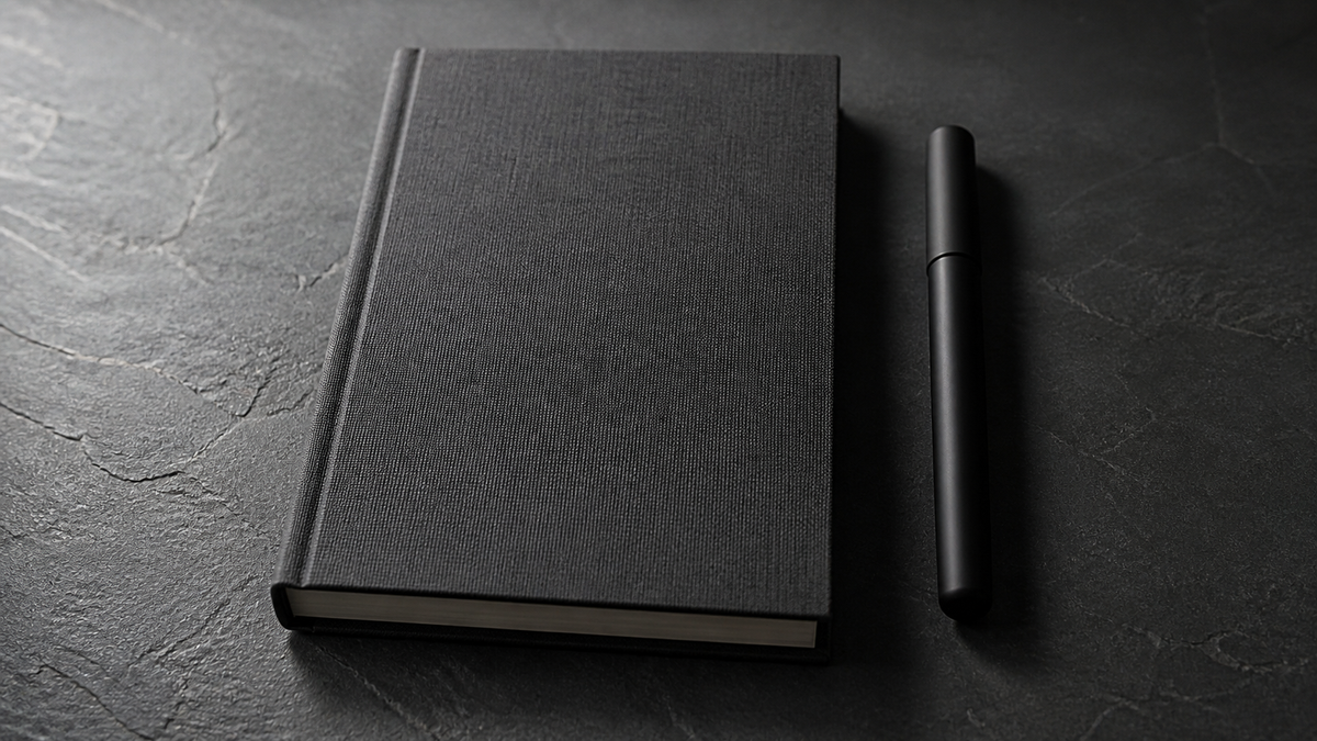 A plain capped black rollerball pen beside a closed charcoal notebook on a dark textured surface