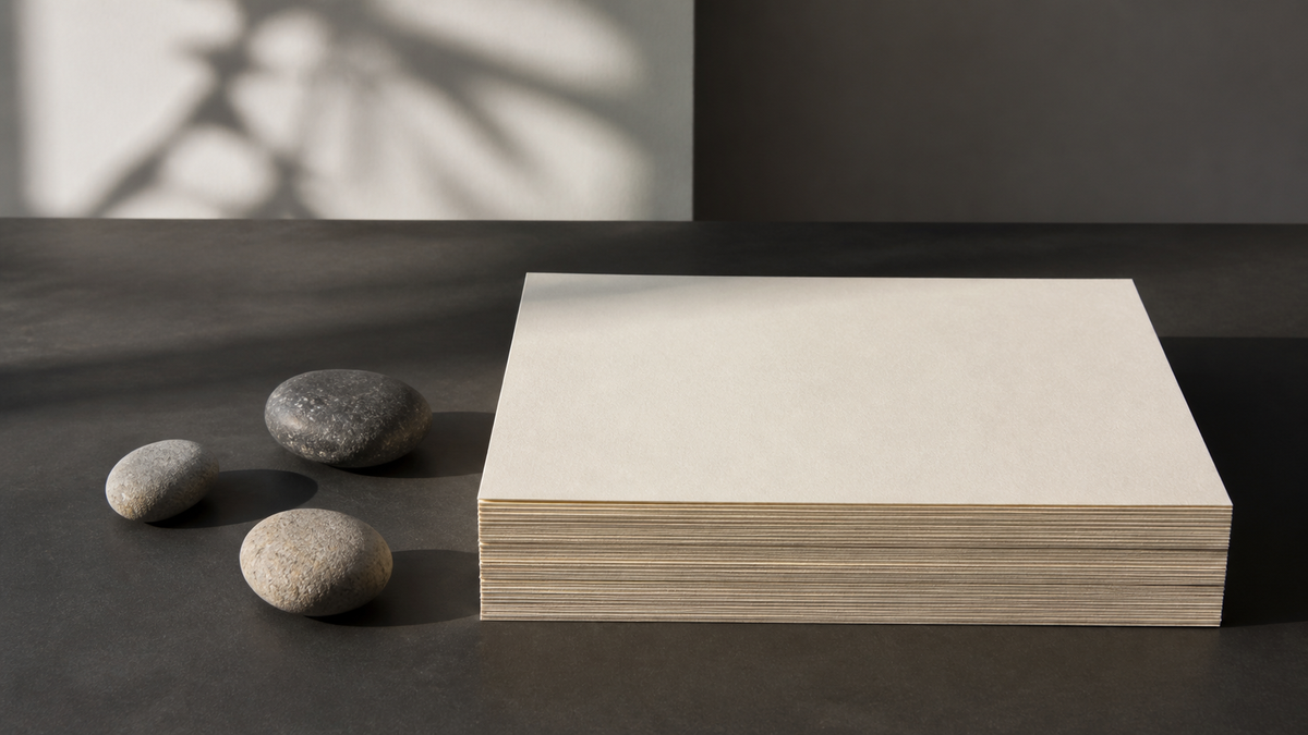 A stack of completely blank and unmarked paper resting on a dark surface